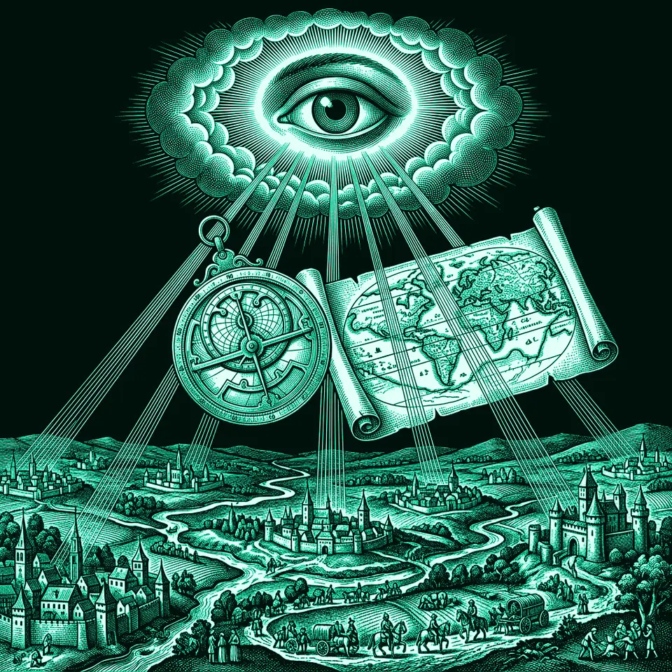 Engraving of an all-seeing eye above an astrolabe and a world map, its beams scanning towns below