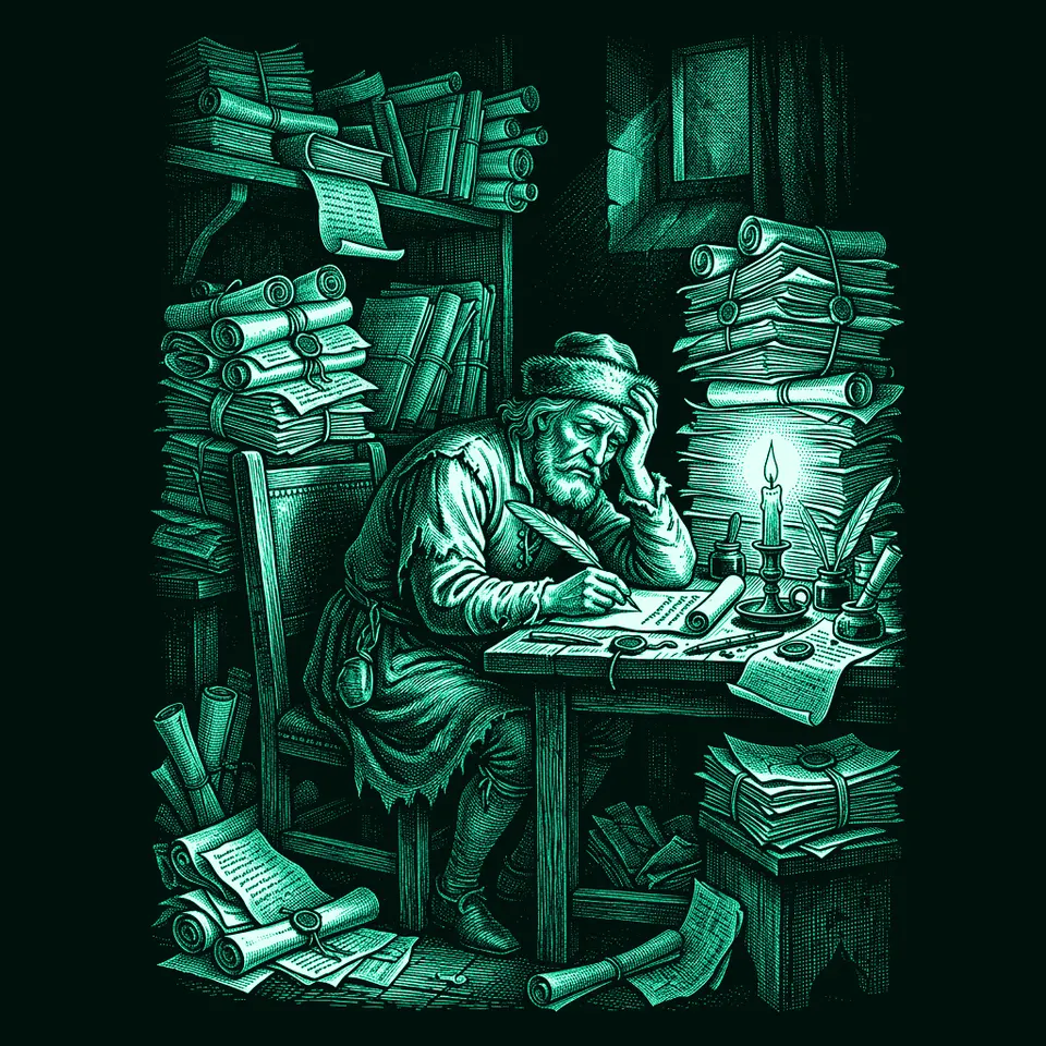 Engraving of a weary scribe at a desk buried in letters and scrolls, writing by candlelight